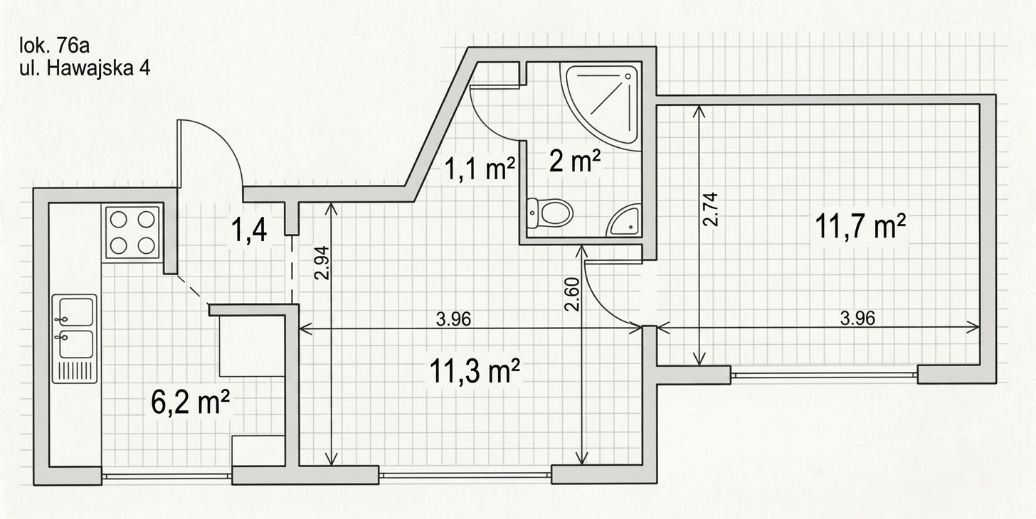 Rzut mieszkania – ul. Hawajska 4 (32,4 m²)